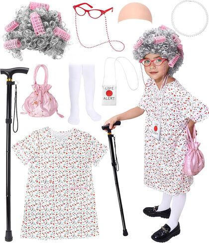 9 PCS Old Lady Costume for Kids,100 Days of School Costume Girls,Granny Grandma Costume Kids Old Lady Wig Accessories in Saudi Arabia
