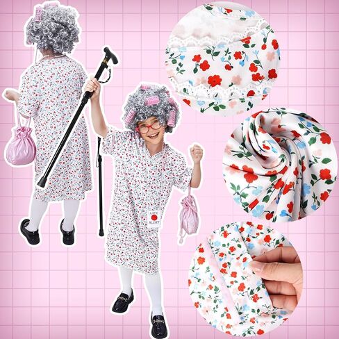9 PCS Old Lady Costume for Kids,100 Days of School Costume Girls,Granny Grandma Costume Kids Old Lady Wig Accessories in Saudi Arabia