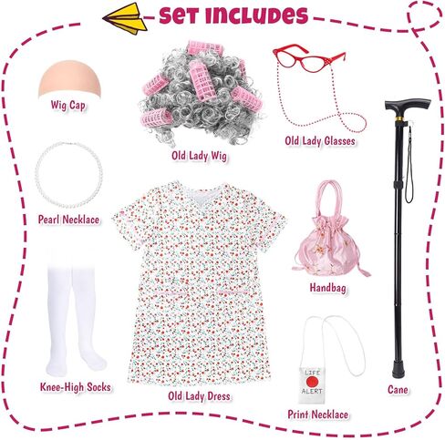 9 PCS Old Lady Costume for Kids,100 Days of School Costume Girls,Granny Grandma Costume Kids Old Lady Wig Accessories in Saudi Arabia