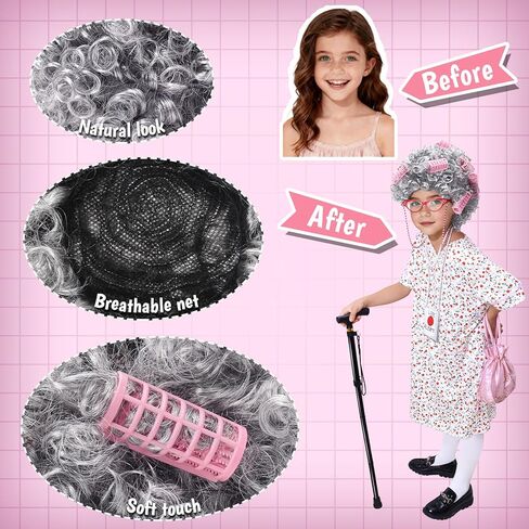 9 PCS Old Lady Costume for Kids,100 Days of School Costume Girls,Granny Grandma Costume Kids Old Lady Wig Accessories in Saudi Arabia