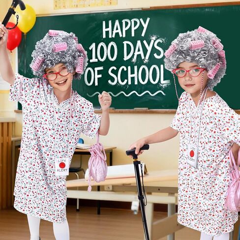 9 PCS Old Lady Costume for Kids,100 Days of School Costume Girls,Granny Grandma Costume Kids Old Lady Wig Accessories in Saudi Arabia