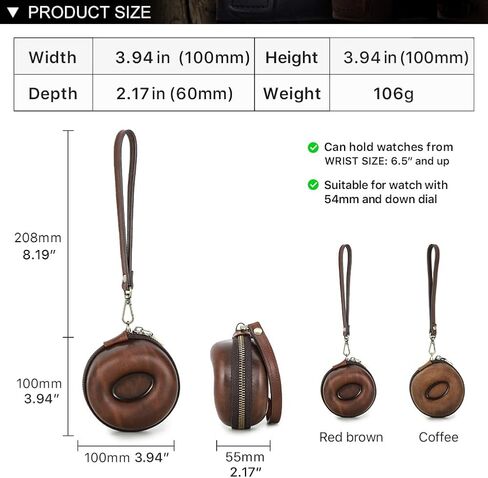 حافظة ساعة سفر من الجلد على شكل دونات من كريزي هورس - محمولة مع حزام معصم قابل للفصل، بكرة ساعة مقاومة للكسر والتسرب للساعات الميكانيكية والكوارتز والساعات الذكية (بني أحمر) in Kuwait