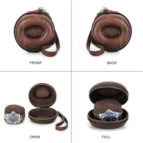 حافظة ساعة سفر من الجلد على شكل دونات من كريزي هورس - محمولة مع حزام معصم قابل للفصل، بكرة ساعة مقاومة للكسر والتسرب للساعات الميكانيكية والكوارتز والساعات الذكية (بني أحمر) in Kuwait