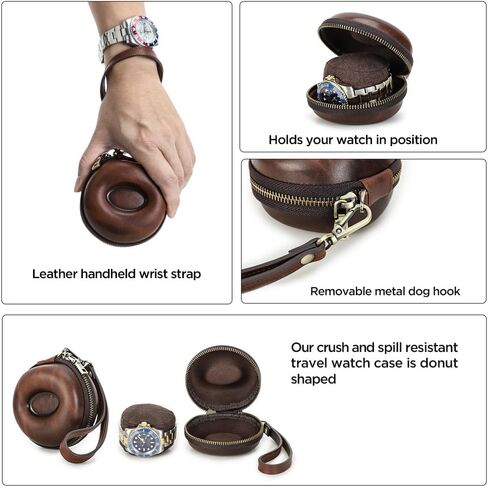 حافظة ساعة سفر من الجلد على شكل دونات من كريزي هورس - محمولة مع حزام معصم قابل للفصل، بكرة ساعة مقاومة للكسر والتسرب للساعات الميكانيكية والكوارتز والساعات الذكية (بني أحمر) in Kuwait