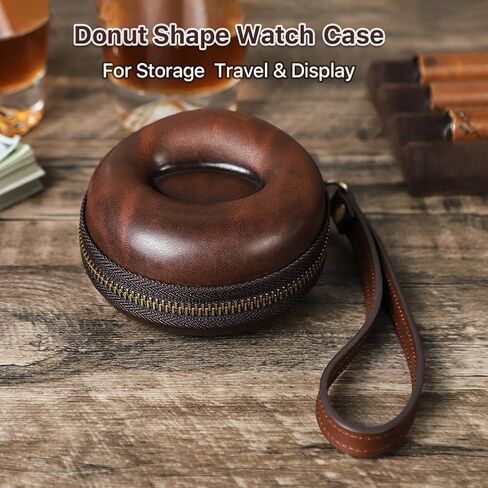 حافظة ساعة سفر من الجلد على شكل دونات من كريزي هورس - محمولة مع حزام معصم قابل للفصل، بكرة ساعة مقاومة للكسر والتسرب للساعات الميكانيكية والكوارتز والساعات الذكية (بني أحمر) in Kuwait