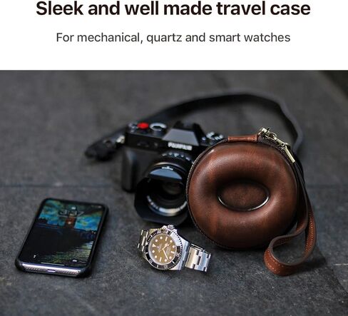 حافظة ساعة سفر من الجلد على شكل دونات من كريزي هورس - محمولة مع حزام معصم قابل للفصل، بكرة ساعة مقاومة للكسر والتسرب للساعات الميكانيكية والكوارتز والساعات الذكية (بني أحمر) in Kuwait