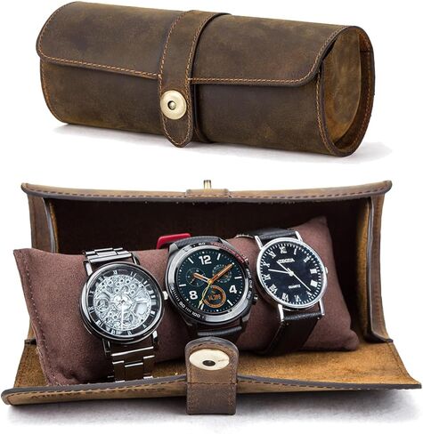 CONTACTS Crazy Horse Leather Travel Watch Case for Men 3 Watch Organizer Vintage Watches Roll for Watches and Bracelets Portable Watch Holder in Saudi Arabia