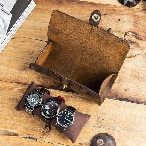 CONTACTS Crazy Horse Leather Travel Watch Case for Men 3 Watch Organizer Vintage Watches Roll for Watches and Bracelets Portable Watch Holder in Saudi Arabia
