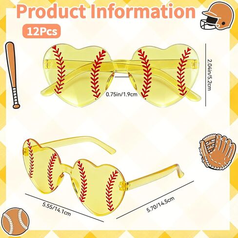 12 قطعة من نظارات الكرة اللينة، هدايا لحفلات الكرة اللينة للفريق، نظارات رياضية على شكل قلب أصفر مزخرفة للمدربين، مشجعي الفريق، احتفالات الولائم والأحداث الرياضية، زينة الإكسسوارات in Kuwait