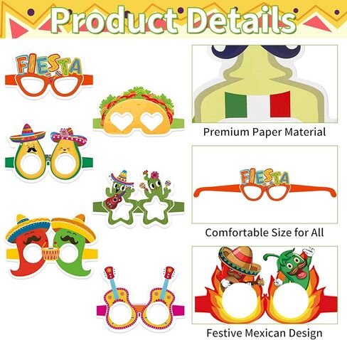 16 Pieces Cinco de Mayo Fiesta Paper Glasses, Colorful Mexican-Themed Eyewear with Sombrero, Cactus Designs for Holiday Photo Booth Props, Party Favors, and Taco Night Accessories for Adults and Kids in Saudi Arabia