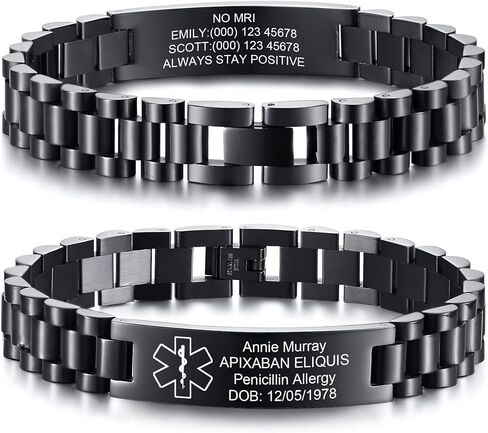 MEALGUET Medical ID Bracelet for Men : Free Engraving Stainless Steel Masculine Watch Band Style Medical Alert Wristband Personalized Medic ID Bracelet Jewelry for Men Women,Black in Saudi Arabia