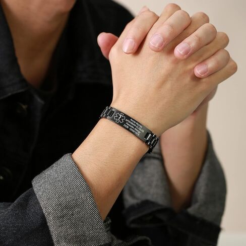 MEALGUET Medical ID Bracelet for Men : Free Engraving Stainless Steel Masculine Watch Band Style Medical Alert Wristband Personalized Medic ID Bracelet Jewelry for Men Women,Black in Saudi Arabia