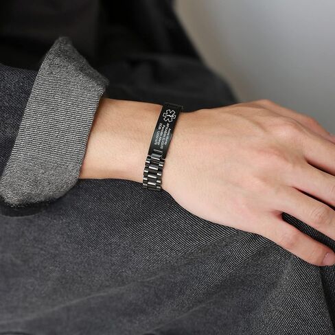 MEALGUET Medical ID Bracelet for Men : Free Engraving Stainless Steel Masculine Watch Band Style Medical Alert Wristband Personalized Medic ID Bracelet Jewelry for Men Women,Black in Saudi Arabia