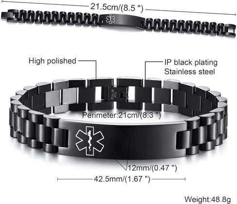 MEALGUET Medical ID Bracelet for Men : Free Engraving Stainless Steel Masculine Watch Band Style Medical Alert Wristband Personalized Medic ID Bracelet Jewelry for Men Women,Black in Saudi Arabia