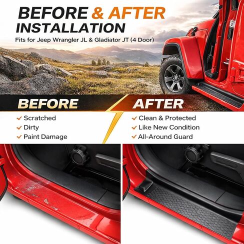 Door Sill Protector Kit for 2018-2025 Jeep Wrangler JL JLU Gladiator JT: Anti-Slip Door Entry Guards, Scratch-Resistant Step Pads, Weatherproof Car Interior Accessories for Off-Road Use in Saudi Arabia