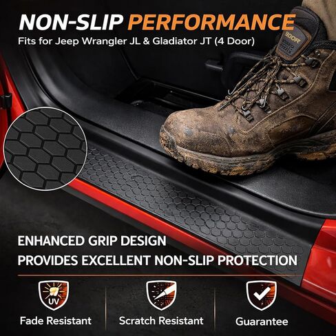Door Sill Protector Kit for 2018-2025 Jeep Wrangler JL JLU Gladiator JT: Anti-Slip Door Entry Guards, Scratch-Resistant Step Pads, Weatherproof Car Interior Accessories for Off-Road Use in Saudi Arabia