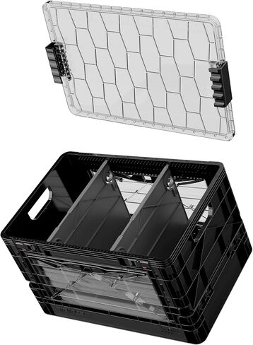 SIDIO Full-Size Collapsible Crate - Heavy Duty Stackable Storage Bin with Lid & 2 Short-Ways Dividers, Durable Plastic Organizer for Home, Office, Garage & Outdoor Use (Red) in Saudi Arabia
