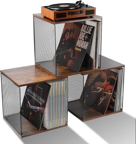 tuu 3 Cubes Vinyl Record Storage, DIY Stackable Wooden Crate ‌Vinyl Holder Over for 150+ Records Case Box for 7/10/12 inch in Saudi Arabia