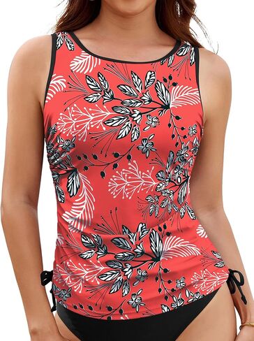 ZAFUL Tankini Tops for Women Only - Modest Swim Tank Top Scoop Neck Side Drawstring Tummy Control Swimsuit Top No Bottom in Saudi Arabia