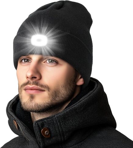 قبعة صغيرة للجنسين مع ضوء LED، قبعات المصابيح الأمامية القابلة لإعادة الشحن USB، قبعة محبوكة دافئة مقاومة للرياح للبالغين، 3 أوضاع سطوع لصيد الأسماك والتخييم والمشي لمسافات طويلة باللون الأسود in Kuwait