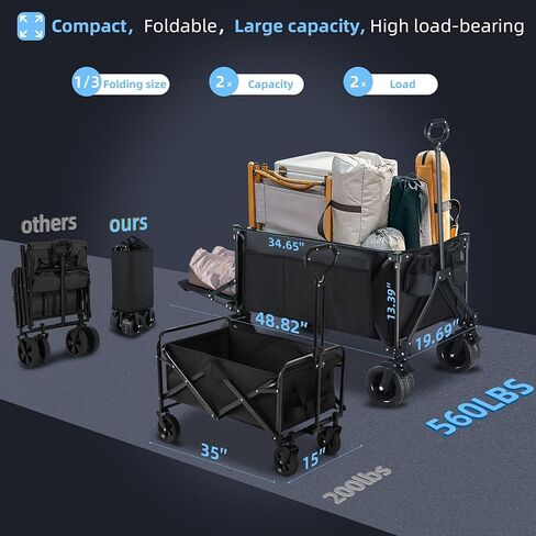 عربات باروينج قابلة للطي 260 لتر، 49 بوصة، عربة كبيرة قابلة للطي مع عجلات لجميع التضاريس، عربة شديدة التحمل بوزن 560 رطل، عربة قابلة للطي للتخييم والتسوق وصيد الأسماك في الهواء الطلق in Kuwait