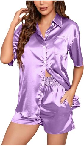Womens Satin Pajamas Set Button Down 2 Piece Outfits Silk Pjs Shorts Set Lingerie Lapel Collar Sleepwear with Pocket in Saudi Arabia