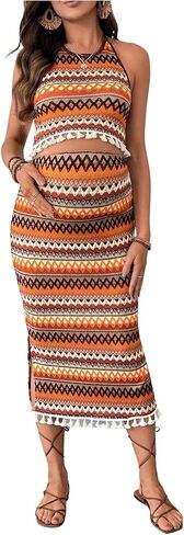 OYOANGLE Women's 2 Piece Maternity Outfits Chevron Tassel Halter Top with Slit Skirt Pregnancy Clothes in Saudi Arabia