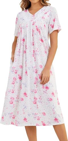 Nightgowns for Women Cotton Short Sleeve Sleepwear Victorian V Neck Night Dress with Pockets Loose Loungewear S-3XL in Saudi Arabia