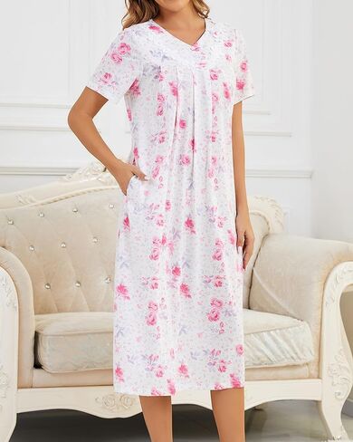 Nightgowns for Women Cotton Short Sleeve Sleepwear Victorian V Neck Night Dress with Pockets Loose Loungewear S-3XL in Saudi Arabia