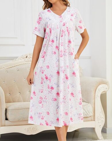 Nightgowns for Women Cotton Short Sleeve Sleepwear Victorian V Neck Night Dress with Pockets Loose Loungewear S-3XL in Saudi Arabia