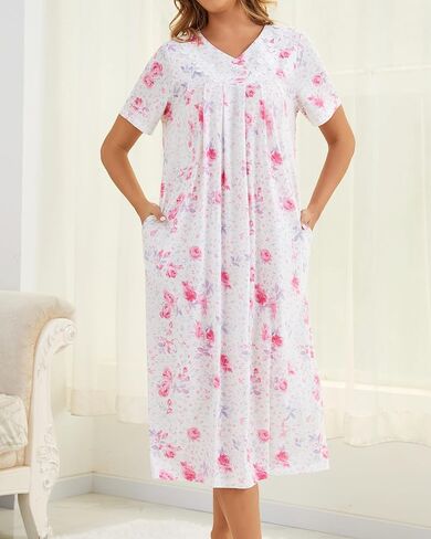 Nightgowns for Women Cotton Short Sleeve Sleepwear Victorian V Neck Night Dress with Pockets Loose Loungewear S-3XL in Saudi Arabia