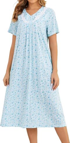 Nightgowns for Women Cotton Short Sleeve Sleepwear Victorian V Neck Night Dress with Pockets Loose Loungewear S-3XL in Saudi Arabia
