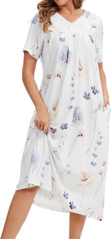 Nightgowns for Women Cotton Short Sleeve Sleepwear Victorian V Neck Night Dress with Pockets Loose Loungewear S-3XL in Saudi Arabia