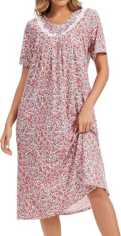 Nightgowns for Women Cotton Short Sleeve Sleepwear Victorian V Neck Night Dress with Pockets Loose Loungewear S-3XL in Saudi Arabia