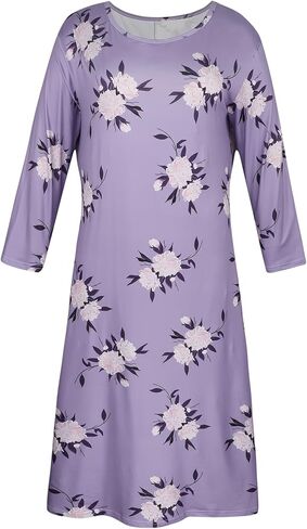 Plus Size Women's Long-Sleeve Nightgown: Lavender Base With Dark Purple Floral Print, Round Neck, Soft Fabric, Loungewear in Saudi Arabia