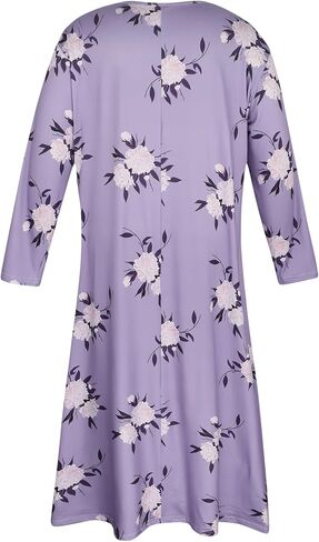 Plus Size Women's Long-Sleeve Nightgown: Lavender Base With Dark Purple Floral Print, Round Neck, Soft Fabric, Loungewear in Saudi Arabia