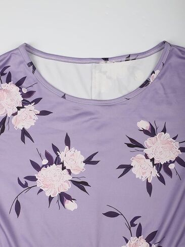 Plus Size Women's Long-Sleeve Nightgown: Lavender Base With Dark Purple Floral Print, Round Neck, Soft Fabric, Loungewear in Saudi Arabia