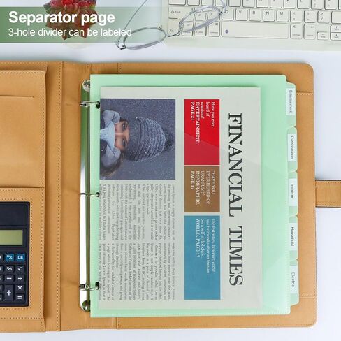 Buqoo 3-Ring Binder with Front Pockets, 5-Tab A4 Green Plastic Binder Dividers Set, Slant Pocket Page Organizer for Documents, 5 Sheets per Set (9.3" x 11.2") in Saudi Arabia