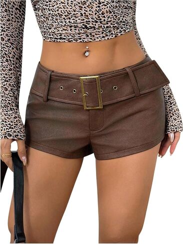 SHENHE Women's Faux Leather Micro Shorts Y2k Low Rise Buckle Belt Booty Shorts Rave Festival Bottoms in Saudi Arabia