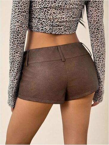 SHENHE Women's Faux Leather Micro Shorts Y2k Low Rise Buckle Belt Booty Shorts Rave Festival Bottoms in Saudi Arabia