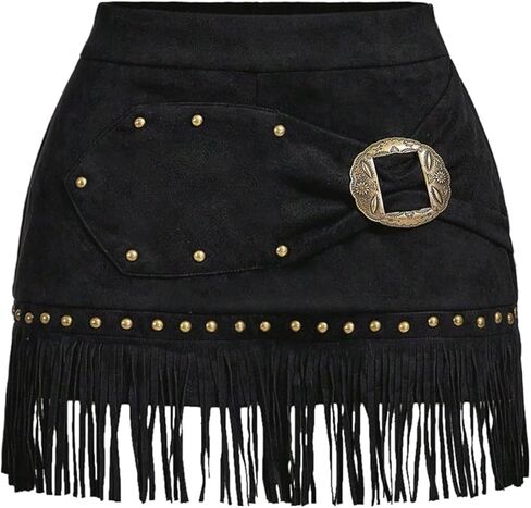 WDIRARA Women's Studded Fringe Suede Mini Shots Metal Buckle Cowgirl Concert Rave Shorts in Saudi Arabia