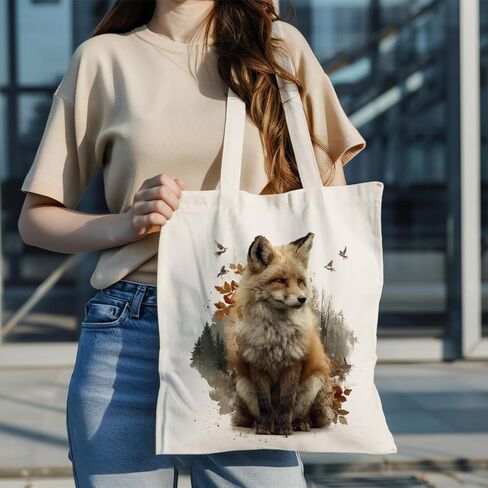 Cute Fox Art Canvas Tote Bag, Fox Lover Gift, Animal Themed Aesthetic Reusable Shopping Bags, Funny Shoulder Bag for Shopping Work Travel Beach in Saudi Arabia