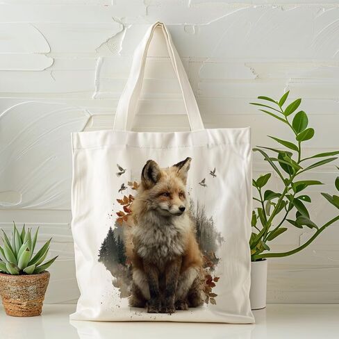 Cute Fox Art Canvas Tote Bag, Fox Lover Gift, Animal Themed Aesthetic Reusable Shopping Bags, Funny Shoulder Bag for Shopping Work Travel Beach in Saudi Arabia