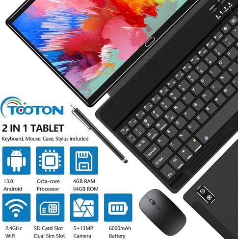 10 Inch Tablet Android 11 Tablets, 2 in 1 Tablet PC with 4+64/128GB Storage Octa-Core, Dual Sim Card Slots Tablet with Keyboard, 13MP Camera, 6000mAh Battery, GPS, Bluetooth, WiFi, Case Included in Saudi Arabia
