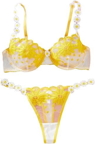 OYOANGLE Women's Floral Embroidery Lace Sheer Lingerie Set See Through Underwire Bra String Thong Sets in Saudi Arabia
