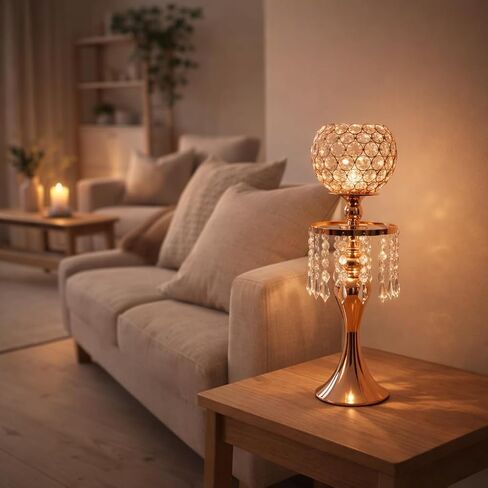 ICE Armor 17.5" H Rose Golden Color Crystal Bowl with Hanging Gems Candle Holder Elegant Home Décor Accent, Decorative Candle Holder, Warm & Thoughtful Gift Idea in Saudi Arabia