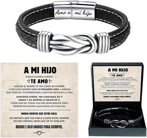 Spanish Card,TO MY SON Customize Name Braided Leather Bracelet With Gift Box, Men's Stainless Braided Leather Bracelet Bangle Wristband,Inspirational Birthday,Christmas Gifts in Saudi Arabia