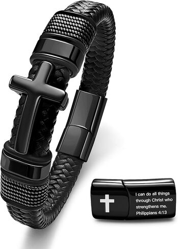 سوار أسود متقاطع للرجال، سوار من الجلد المضفر من الفولاذ المقاوم للصدأ مع آية الكتاب المقدس مع جوشوا 1: 9 هدية إيمانية ملهمة للأب والأخ والابن والأسرة والمعمودية الدينية وهدايا التأكيد in Kuwait