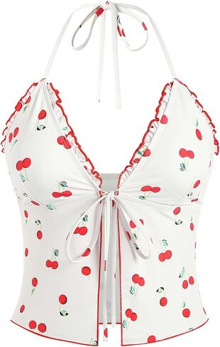 ZAFUL Tankini Tops for Women Smocked Ruffles Tie Front Bowknot Textured Tankini Top in Saudi Arabia