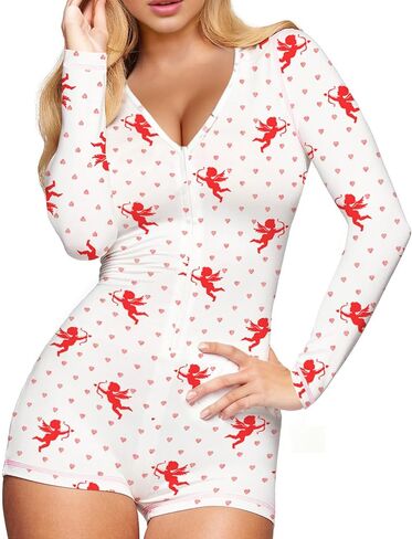 شورت نسائي برقبة على شكل حرف V وأكمام طويلة وأزرار أمامية بيجامة كيوبيد مطبوعة نيسيي Bodycon بشكل عام in Kuwait